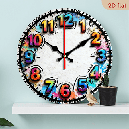 2D Flat 1pc Wooden Colorful Graffiti Wall Clock - Silent Non-Ticking Quartz Movement, Modern Round Clock with Vibrant Number Faces Hands - 10 Inch Easy-to-Read, For Living Room, Bedroom, Office