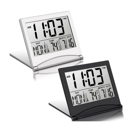 2 Pcs Digital Travel Alarm Clock Foldable LCD Clock with Calendar Temperature Snooze Mode Portable Display Desk Clock,2 x digital travel alarm clock,Black & silver