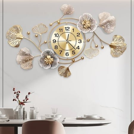 33Large Wall Clock – 3D Metal Ginkgo Leaf Decorative Wall Clock, Non-Ticking Wall Clocks Battery Operated, Modern Clocks for Living Room, Gift-Ready for Home or Office