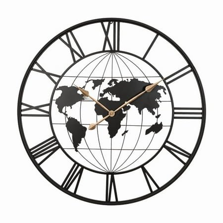 36 Inch Large Black Metal Wall Clock, Modern Silent World Map Wall Clock with Vintage Gold Arabic Numeral, Decorative for Living Room, Entryway, Dinning Room, Bedroom