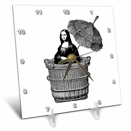 3dRose, Funny Mona Lisa in Basket with Parasol, 6x6 Desk Clock