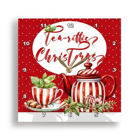 3dRose, TEAriffic Christmas for the Tea Lover in Red and White Polka Dots, 15x15 Wall Clock