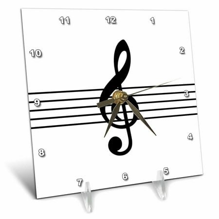 3dRose, Treble clef G-clef on musical staves staff black and white music gift, 6x6 Desk Clock