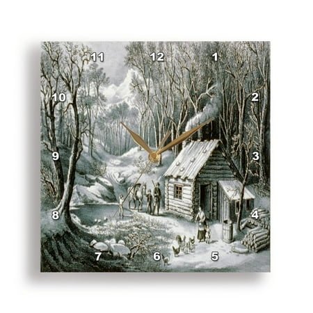 3dRose, Vintage Currier and Ives Wilderness Log Cabin Woods , 10x10 Wall Clock