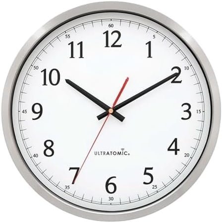 404-1235UA-PL UltrAtomic 14 inch Stainless Steel Wall Clock, Shatterproof Lens, Silver