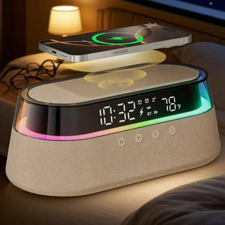 6-in-1 Multifunctional Alarm Clock with 15W Wireless Charging, Bluetooth Speaker, FM Radio, Dual Alarms, RGB Night Light, Temperature Display & USB Charger – Sleek Bedside Clock for Home or Office