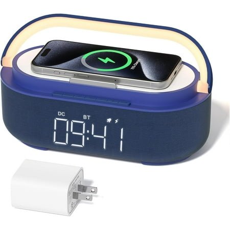 6-in-1 Wireless Charger Bluetooth Speaker with Alarm Clock, FM Radio & Night Light for iPhone + 18W Adapter Blue