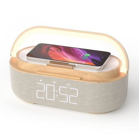 6-in-1 Wireless Charger Bluetooth Speaker with Alarm Clock, FM Radio & Night Light for iPhone Wood