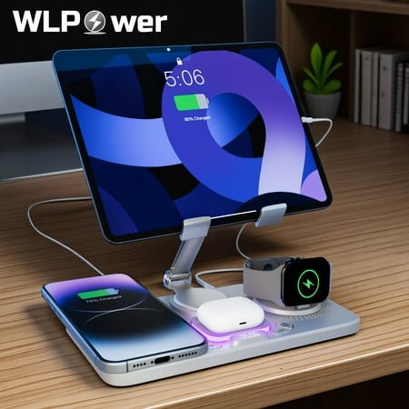 6-in-1 Wireless Charging Station with Clock & Light - 15W Fast Charging Dock for iPhone 17/16/15/14/13/12, AirPods, iWatch Series - Tablet Stand - Christmas Gifts
