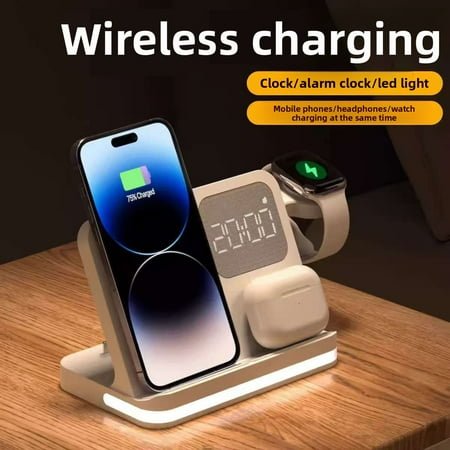 6 in 1 Wireless Charging Station Compatible with Apple Multiple Devices iPhone, AirPods, and Apple Watch - Phone Wireless Charger Fast Charging with Night Lamp and Clock, White