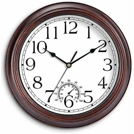 8.5 Inch Outdoor Wall Clock with Thermometers, Vintage Silent Wall Clocks Battery Operated, Retro Non-Ticking Clock Decorative for Living Room, Patio, Kitchen, Office, Bathroom, Bedroom(Bronze)