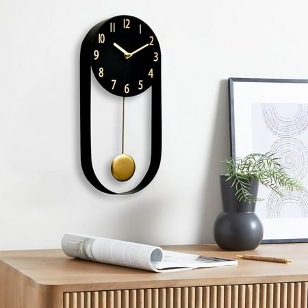 8 Inch Black Wall Clock with Gold Pendulum, Silent Modern Metal Wall Clock, Minimalist Decorative Pendulum Timepiece for Living Room, Office, Kitchen