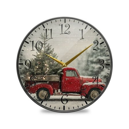 9.5in Acrylic Wall Clock with Glass-like Finish Round Clock for Home Decoration Vintage Red Truck