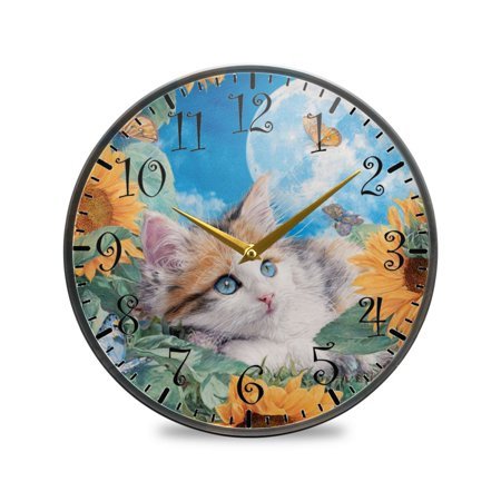9.5in Acrylic Wall Clock with Glass-like Finish Round Clock for Home Decoration Playful Cat Lying Sunflowers