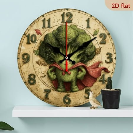 A 10-inch 2D flat Broccoli Superman theme wooden silent wall clock is an excellent choice for decorating the interior walls and an ideal gift for various festivals.