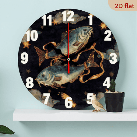 A 10-inch 2D flat Pisces theme wooden silent wall clock is an excellent choice for Halloween/Easter/Christmas gifts and is suitable for modern home decoration art.