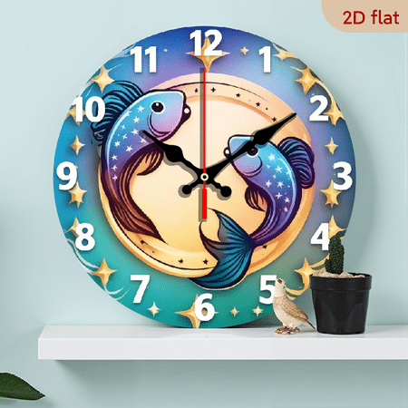 A 10-inch 2D flat Pretty Pisces themed wooden silent wall clock. It is an excellent choice for Halloween/Easter/Christmas gifts and is suitable for modern home decoration art.