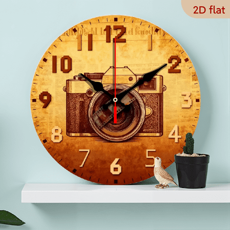A 10-inch 2D flat retro camera theme wooden circular wall clock, suitable for decoration in bedrooms, living rooms and offices. It is an ideal gift for Christmas and New Year.