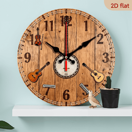 A 10-inch 2D flat retro musical instruments themed wooden circular wall clock, suitable for decoration in bedrooms, living rooms and offices. It is an ideal gift for Christmas and New Year.