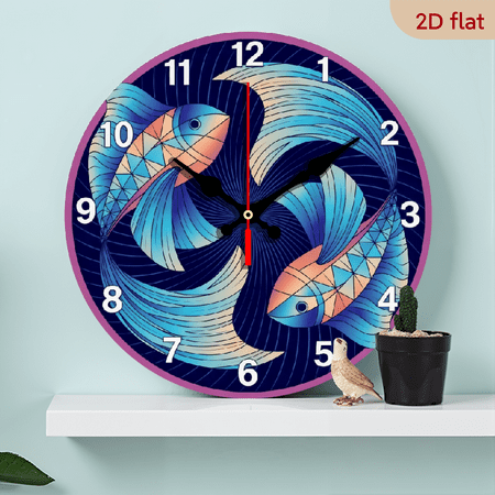 A 10-inch 2D flat wooden silent wall clock with the theme of Pretty Pisces, it is an excellent choice for Halloween/Easter/Christmas gifts and is suitable for modern home decoration art.