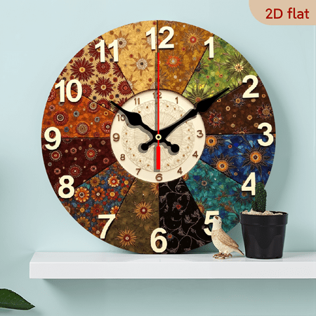 A 10-inch wall-mounted clock, featuring a retro mosaic theme. The outer layer is a patterned mosaic of fan shapes, while the inner layer is a minimalist dial. The style is retro and elaborate.