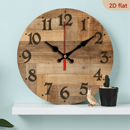 A 10-inch wall-mounted clock, featuring a theme of vintage wood paneling, with distressed wood grain and bold numbers, presenting an industrial style that is simple and unadorned.