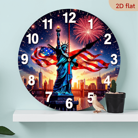 A 10-inch wall-mounted clock, featuring the theme of the city's fireworks, with the Statue of Liberty and New York City as the backdrop, is highly decorative.