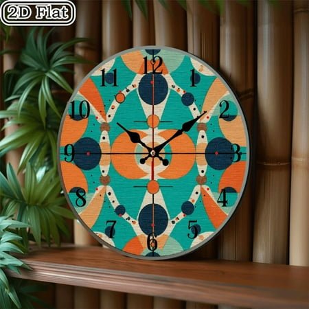 Abstract Retro Pattern Design MidCentury Modern Wood Wall Clock, Round Shape, Ideal for Home Decor, Wall Clock Living Room, Built-in Hook Design for Easy Hanging 10in