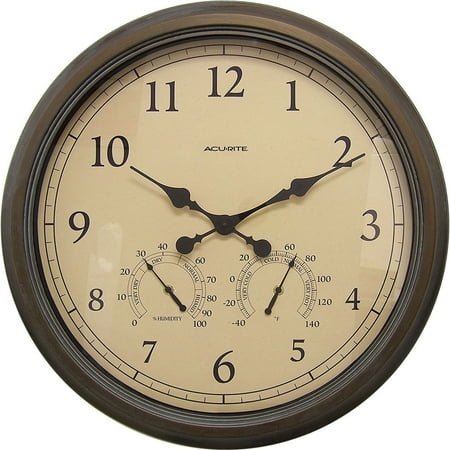 AcuRite 24 Outdoor/Indoor Wall Clock with Thermometer and Humidity, Weathered Bronze Finish (01061)