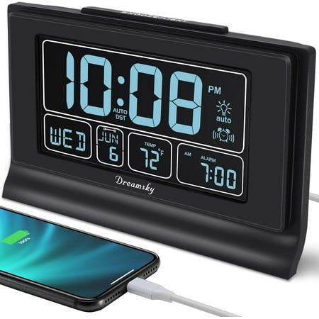 Alarm Clocks for Bedrooms with Battery Backup, Auto Set Digital Clock Date and Day of Week, Temperature, USB Port, DST, Dimmer, 12/24H