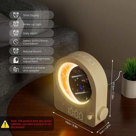 Alarm Clock with Moon , Dual Alarm, 30/60/90min Timer, 10 Nature Sounds, Night Light for Kids