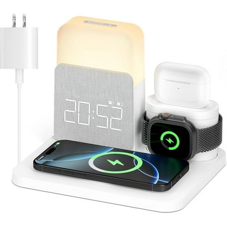 Alarm Clock with Wireless Charger for Bedrooms, 6 in 1 Wireless Charging Station, Magnetic Charger with Night Light Bedside Clock for iPhone 16 15 14 13 12 Pro Max, Apple Watch