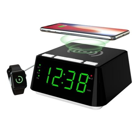 Alarm Clock with Wireless Charging, Dual Alarm, Snooze, Brightness Dimmer, USB Charging Port, Big LED Display, Night Light, Indoor Temperature & Humidity Display iTOMA CKS801
