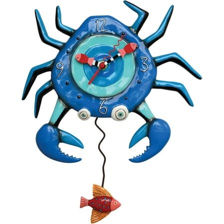 Allen Designs Enesco Crab with Big Claws and Fish Sculpted Pendulum Wall Clock, 14.25 Inch, Blue