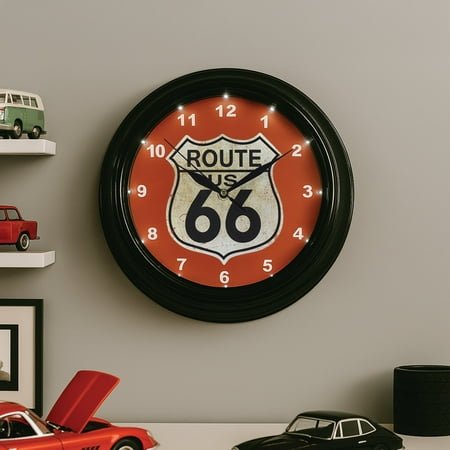 American Art Decor Route 66 LED Wall Clock - 12 Vintage Americana Modern Decor, Battery‑Operated Quartz, Retro Shield for Living Room, Garage, Mancave, Office (Red/Off‑White/Black)