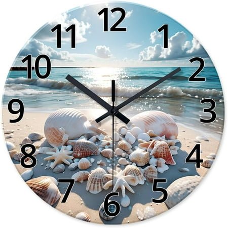 Analog Blue Beach Wall Clock for Living Room Coastal Shell Wall Clock Battery Powered 12 Inch Modern Round Wood Wall Clock No Tick