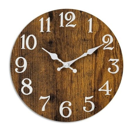 AQRS 10-Inch Round Wood Wall Clock Vintage Rustic Non Ticking Silent Battery Operated Living Room Bedroom Indoor Digital Analog Clock Home Decoration Birthday Gift