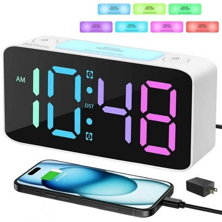 BAKIBO Alarm Clock for Heavy Sleepers, Digital Alarm Clock for Bedroom, Desk Clock with Large Night Light and 7 Color Changing, USB and Battery Powered, Loud Alarm Clock for Kids Adults