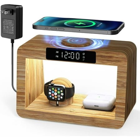 Bamboo Wireless Charging Station,Wireless Charger with Digital Alarm Clock and Night Light,Fast Charger Stand Compatible with iPhone17/16/15/14/13/12/11 Pro Max/X/Xs/AirPods Pro/iWatch Series
