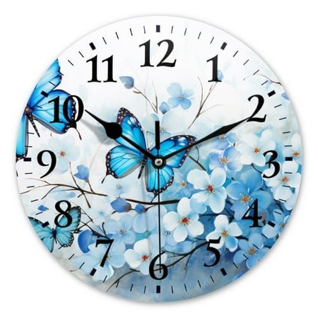 Battery Operated Analog Wall Clocks Non-Ticking Silent Modern Clock Decorative for Home,Office-White Flowers And Blue Butterflies(14inch)