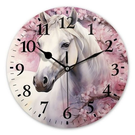 Battery Operated Analog Wall Clocks Non-Ticking Silent Modern Clock Decorative for Home,Office-Watercolor Painting Of Beautiful White Horse Under Cherry Blossom Tree(10inch)