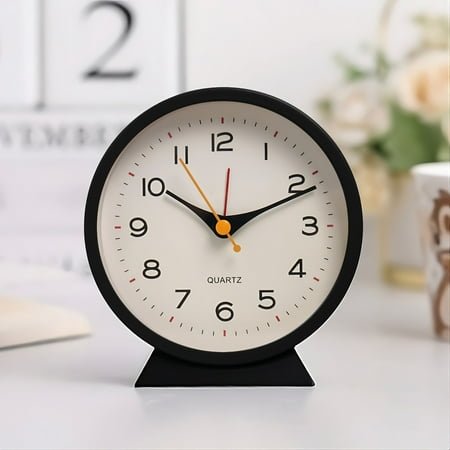 Battery Powered Analog Clock | Silent No Ticking Quartz Movement | Light-Up Dial | Compact for Desk Bedside Travel | Black Metal ABS | 1pc | 4.6x4.2in