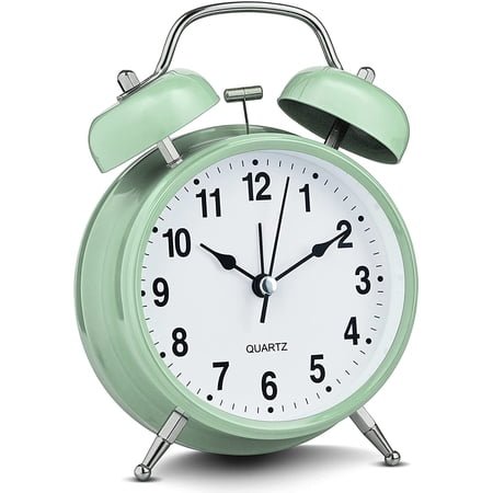 Bernhard Products Analog Alarm Clock 4 Twin Bell Green Silent Non-Ticking Quartz Battery Operated Extra Loud with Backlight for Bedside Table Vintage Retro Style, Decorative Desk Clocks (Pistachio)