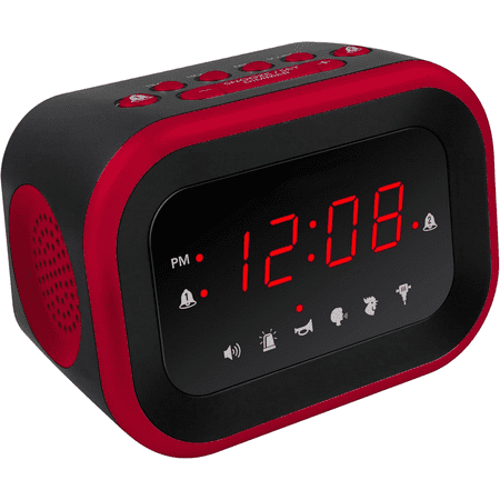 Big Bang Super Loud Alarm Clock for Heavy Sleepers, 6 Extremely Loud Wake Up Sounds: Rooster, Bugle, Nagging Mom, Jackhammer, Siren, Beep – Up to 115db Volume, Red/Black with Red LED Display