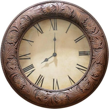 Black Forest Décor Western Tooled Leather Wall Clock - Rustic Antique Style Clock for Home Decor