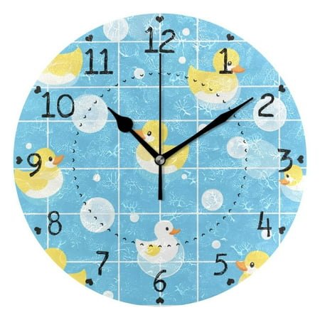Blue Plaids Rubber Ducks Bubbles Round Wall Clock Silent Analog Battery Operated Black Pointer Home Decor 9.84 Diameter