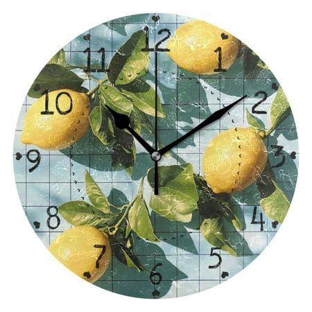 Blue Tile Lemons Sunshine Round Wall Clock Silent Analog Battery Operated Black Pointer Home Decor 9.84 Diameter