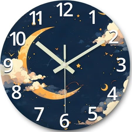 Blue Wall Clocks Battery Operated 14 Inch Moon Clock for Classroom - Glow in the Dark Wall Clock Slient Non-Ticking