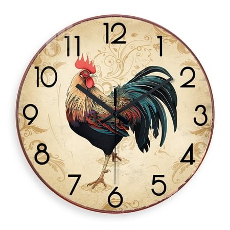 Brown Rooster Wall Clocks Battery Operated 14 Inch Farmhouse Glass Kitchen Clocks Analog Animal Wall Clock Non Ticking
