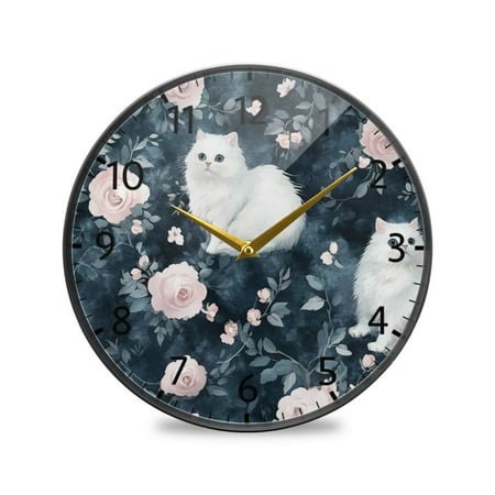 BZSMCE Wall Clock Acrylic Size：9.5*9.5in/11.9*11.9in Enchanted White Cats and Roses Design Pattern Clock